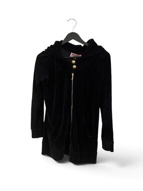 Juicy Couture Black Velvet Hooded Zip Cardigan with Gold Buttons